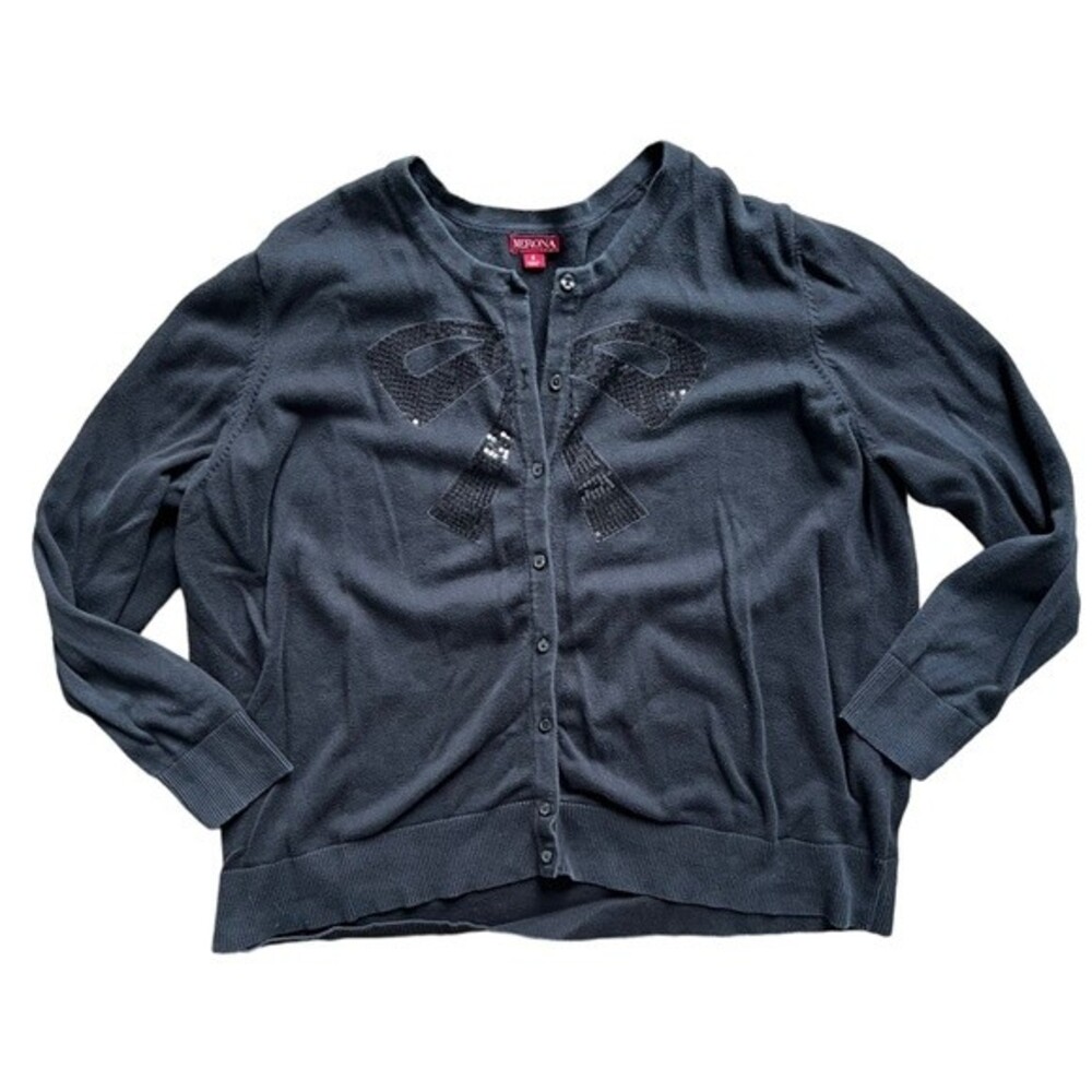 Merona Sequin Bow Button Front Long Sleeved Black Cardigan Women's size 4x